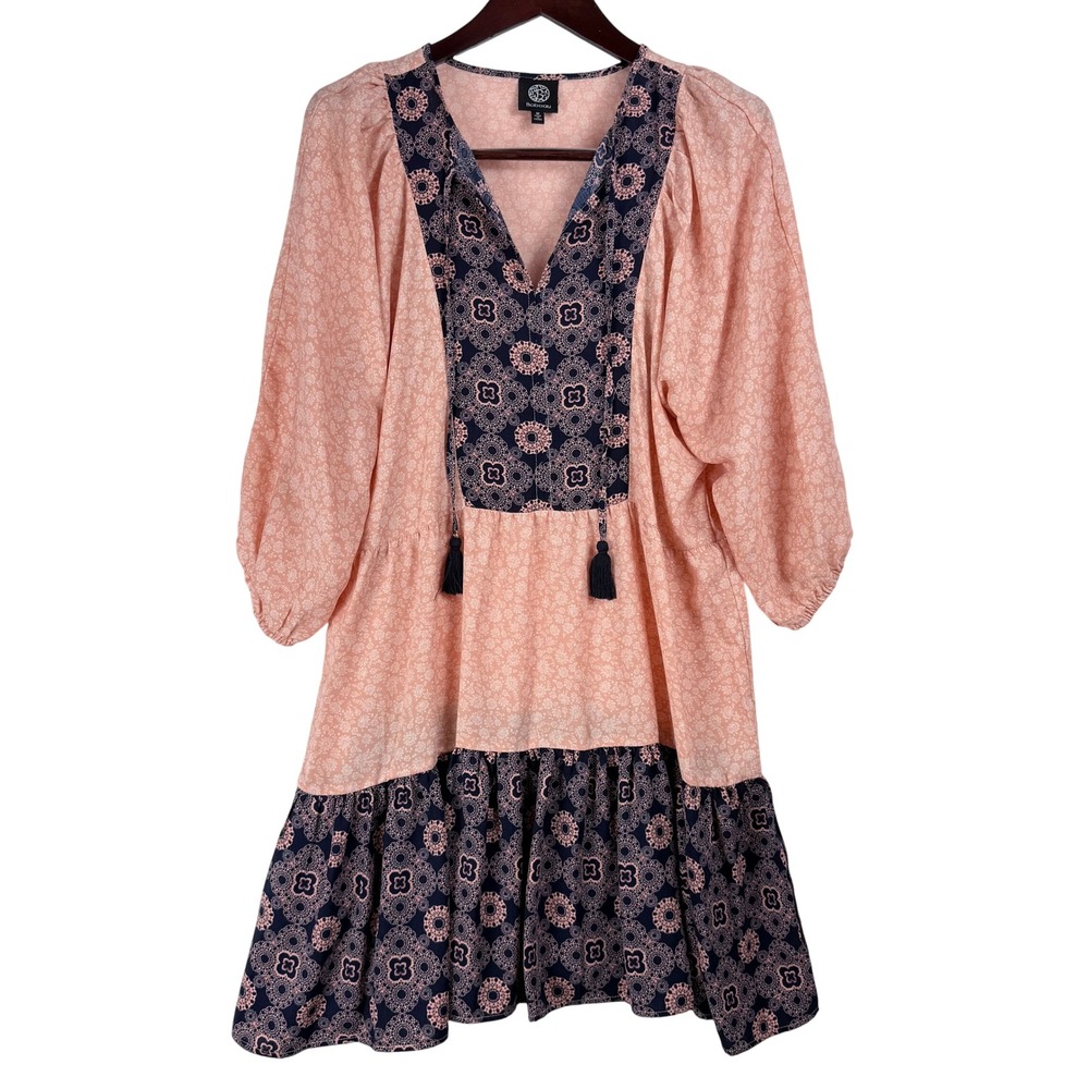 Bobeau Tunic Dress Womens Medium Peach Navy Floral Boho Tassel Cottagecore